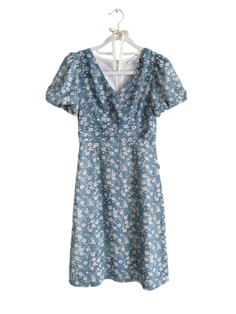 TIIN Floral Puff Sleeve Chiffon V Neck A-Line Mini/Midi Dress
